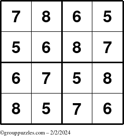 The grouppuzzles.com Answer grid for the Sudoku-4-5678 puzzle for Friday February 2, 2024