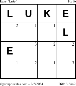The grouppuzzles.com Easy Luke puzzle for Friday February 2, 2024 with the first 3 steps marked