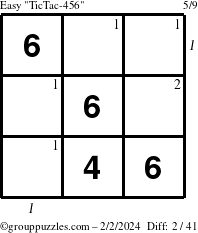 The grouppuzzles.com Easy TicTac-456 puzzle for Friday February 2, 2024 with all 2 steps marked