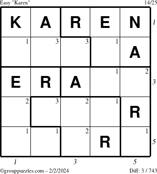 The grouppuzzles.com Easy Karen puzzle for Friday February 2, 2024 with all 3 steps marked