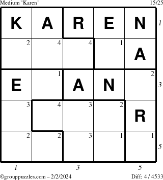The grouppuzzles.com Medium Karen puzzle for Friday February 2, 2024 with all 4 steps marked