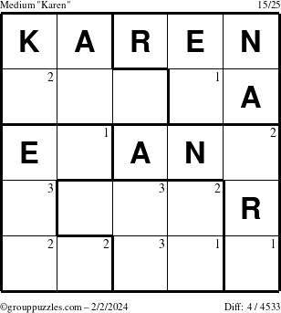 The grouppuzzles.com Medium Karen puzzle for Friday February 2, 2024 with the first 3 steps marked