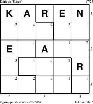 The grouppuzzles.com Difficult Karen puzzle for Friday February 2, 2024 with all 4 steps marked