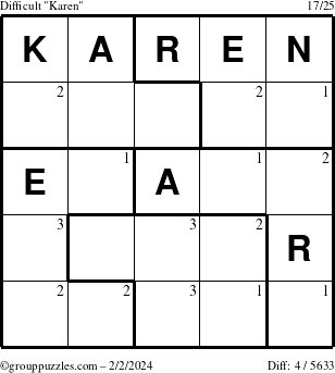 The grouppuzzles.com Difficult Karen puzzle for Friday February 2, 2024 with the first 3 steps marked