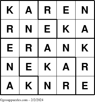 The grouppuzzles.com Answer grid for the Karen puzzle for Friday February 2, 2024