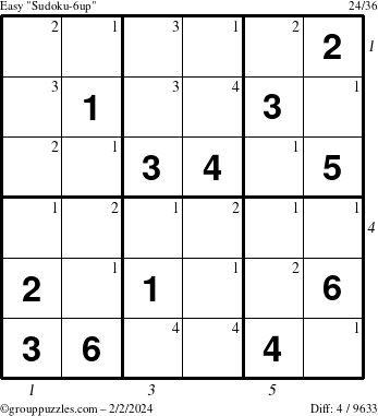 The grouppuzzles.com Easy Sudoku-6up puzzle for Friday February 2, 2024 with all 4 steps marked
