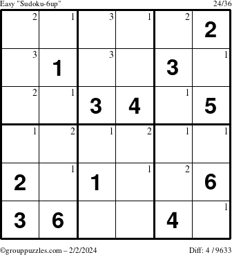 The grouppuzzles.com Easy Sudoku-6up puzzle for Friday February 2, 2024 with the first 3 steps marked