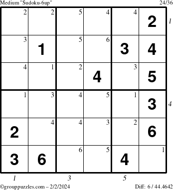 The grouppuzzles.com Medium Sudoku-6up puzzle for Friday February 2, 2024 with all 6 steps marked