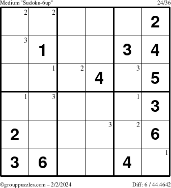 The grouppuzzles.com Medium Sudoku-6up puzzle for Friday February 2, 2024 with the first 3 steps marked