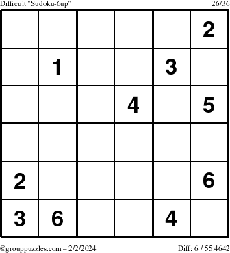The grouppuzzles.com Difficult Sudoku-6up puzzle for Friday February 2, 2024