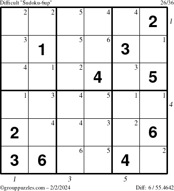 The grouppuzzles.com Difficult Sudoku-6up puzzle for Friday February 2, 2024 with all 6 steps marked
