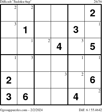 The grouppuzzles.com Difficult Sudoku-6up puzzle for Friday February 2, 2024 with the first 3 steps marked