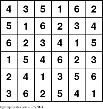 The grouppuzzles.com Answer grid for the Sudoku-6up puzzle for Friday February 2, 2024