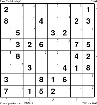 The grouppuzzles.com Easy Sudoku-8up puzzle for Friday February 2, 2024 with all 4 steps marked