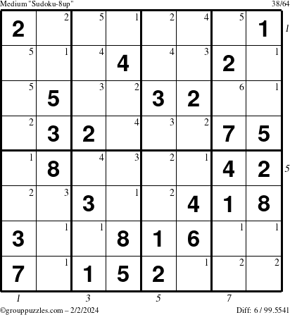The grouppuzzles.com Medium Sudoku-8up puzzle for Friday February 2, 2024 with all 6 steps marked