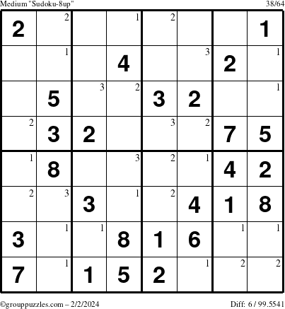 The grouppuzzles.com Medium Sudoku-8up puzzle for Friday February 2, 2024 with the first 3 steps marked