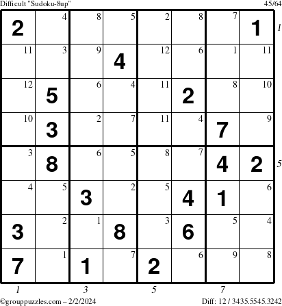 The grouppuzzles.com Difficult Sudoku-8up puzzle for Friday February 2, 2024 with all 12 steps marked