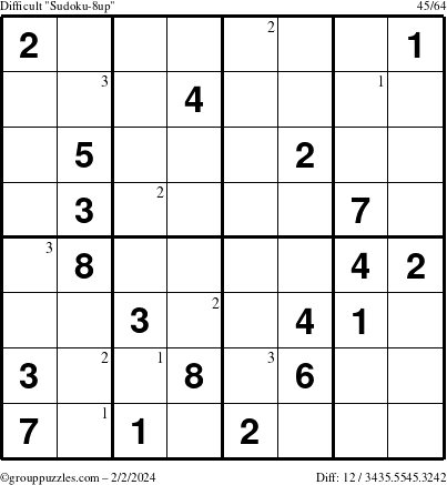 The grouppuzzles.com Difficult Sudoku-8up puzzle for Friday February 2, 2024 with the first 3 steps marked