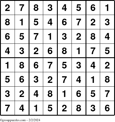 The grouppuzzles.com Answer grid for the Sudoku-8up puzzle for Friday February 2, 2024