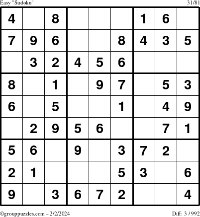 The grouppuzzles.com Easy Sudoku puzzle for Friday February 2, 2024