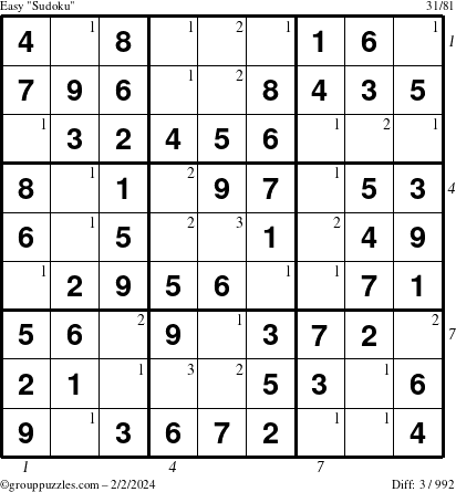 The grouppuzzles.com Easy Sudoku puzzle for Friday February 2, 2024 with all 3 steps marked