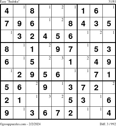 The grouppuzzles.com Easy Sudoku puzzle for Friday February 2, 2024 with the first 3 steps marked
