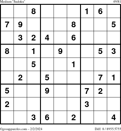 The grouppuzzles.com Medium Sudoku puzzle for Friday February 2, 2024