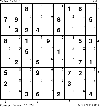 The grouppuzzles.com Medium Sudoku puzzle for Friday February 2, 2024 with all 8 steps marked