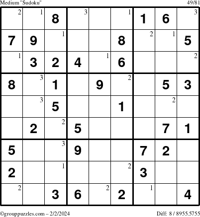The grouppuzzles.com Medium Sudoku puzzle for Friday February 2, 2024 with the first 3 steps marked