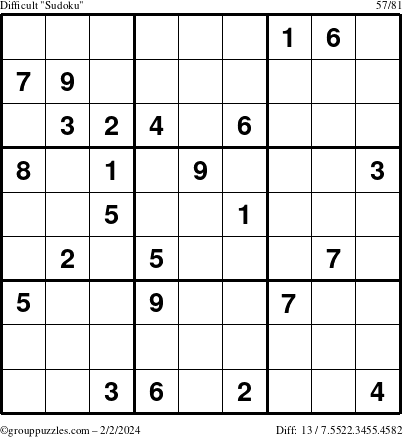 The grouppuzzles.com Difficult Sudoku puzzle for Friday February 2, 2024