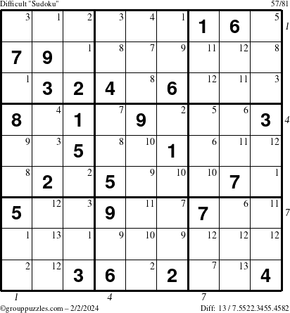 The grouppuzzles.com Difficult Sudoku puzzle for Friday February 2, 2024 with all 13 steps marked