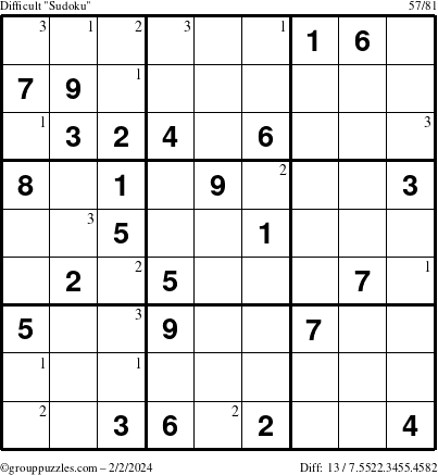 The grouppuzzles.com Difficult Sudoku puzzle for Friday February 2, 2024 with the first 3 steps marked
