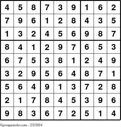 The grouppuzzles.com Answer grid for the Sudoku puzzle for Friday February 2, 2024