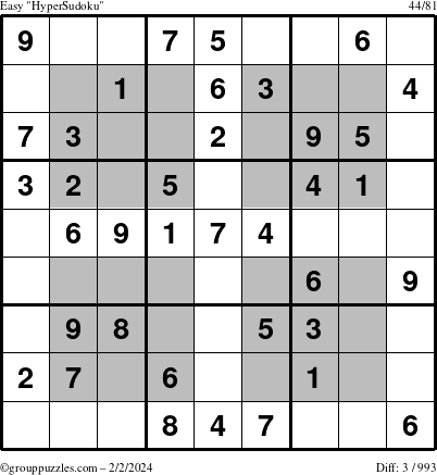 The grouppuzzles.com Easy HyperSudoku puzzle for Friday February 2, 2024