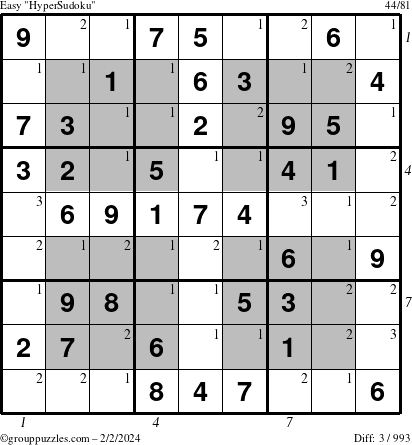 The grouppuzzles.com Easy HyperSudoku puzzle for Friday February 2, 2024 with all 3 steps marked