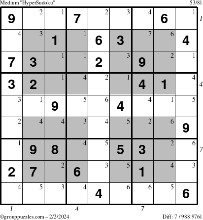 The grouppuzzles.com Medium HyperSudoku puzzle for Friday February 2, 2024 with all 7 steps marked