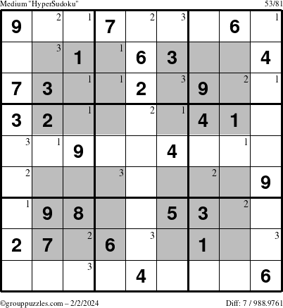 The grouppuzzles.com Medium HyperSudoku puzzle for Friday February 2, 2024 with the first 3 steps marked