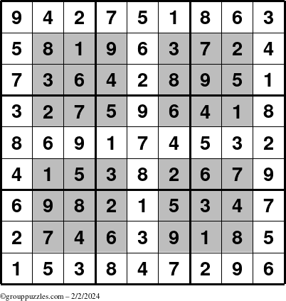 The grouppuzzles.com Answer grid for the HyperSudoku puzzle for Friday February 2, 2024