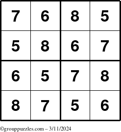 The grouppuzzles.com Answer grid for the Sudoku-4-5678 puzzle for Monday March 11, 2024