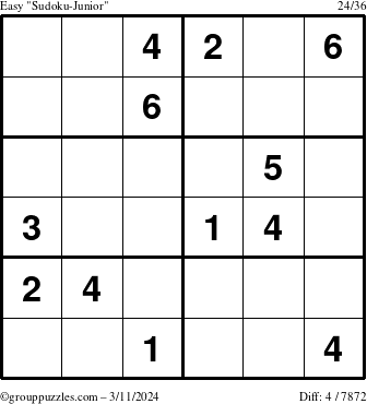 The grouppuzzles.com Easy Sudoku-Junior puzzle for Monday March 11, 2024