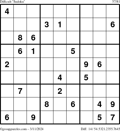 The grouppuzzles.com Difficult Sudoku puzzle for Monday March 11, 2024