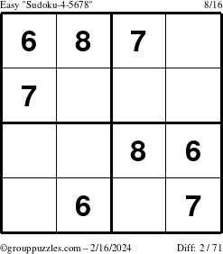 The grouppuzzles.com Easy Sudoku-4-5678 puzzle for Friday February 16, 2024