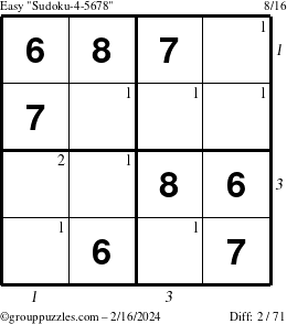 The grouppuzzles.com Easy Sudoku-4-5678 puzzle for Friday February 16, 2024 with all 2 steps marked