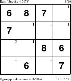 The grouppuzzles.com Easy Sudoku-4-5678 puzzle for Friday February 16, 2024 with the first 2 steps marked