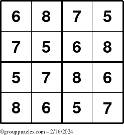 The grouppuzzles.com Answer grid for the Sudoku-4-5678 puzzle for Friday February 16, 2024