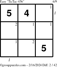 The grouppuzzles.com Easy TicTac-456 puzzle for Friday February 16, 2024 with all 2 steps marked