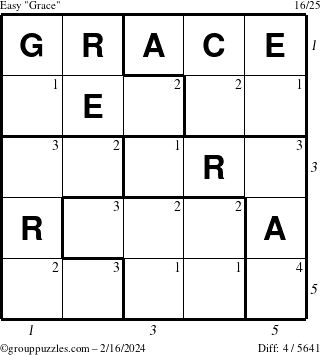 The grouppuzzles.com Easy Grace puzzle for Friday February 16, 2024 with all 4 steps marked