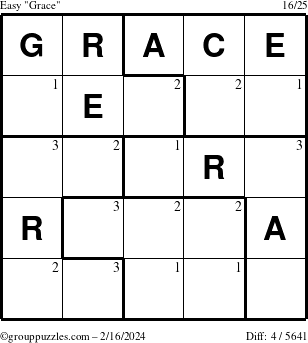 The grouppuzzles.com Easy Grace puzzle for Friday February 16, 2024 with the first 3 steps marked