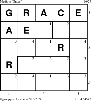 The grouppuzzles.com Medium Grace puzzle for Friday February 16, 2024 with all 4 steps marked