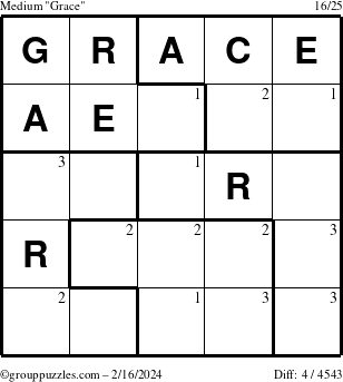 The grouppuzzles.com Medium Grace puzzle for Friday February 16, 2024 with the first 3 steps marked